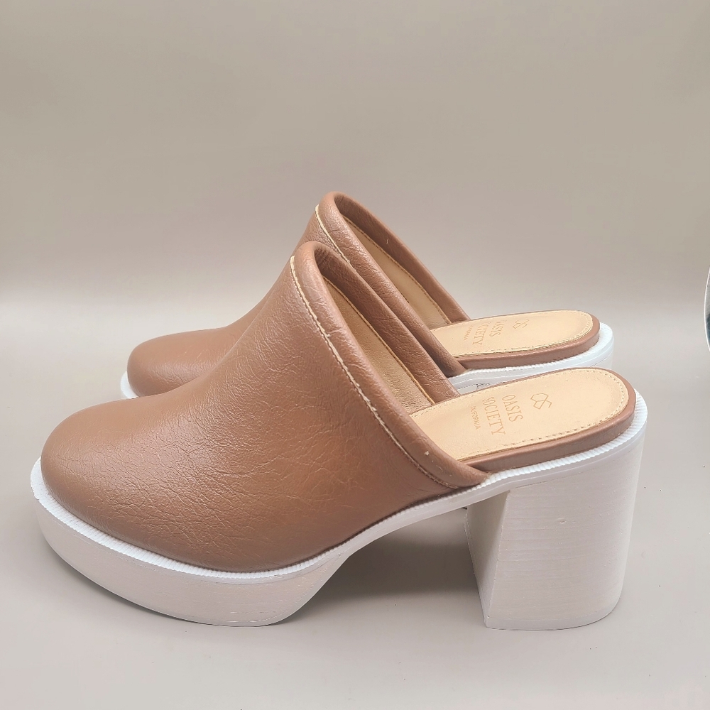 Womens Tan Platform Mules with White Block Heel